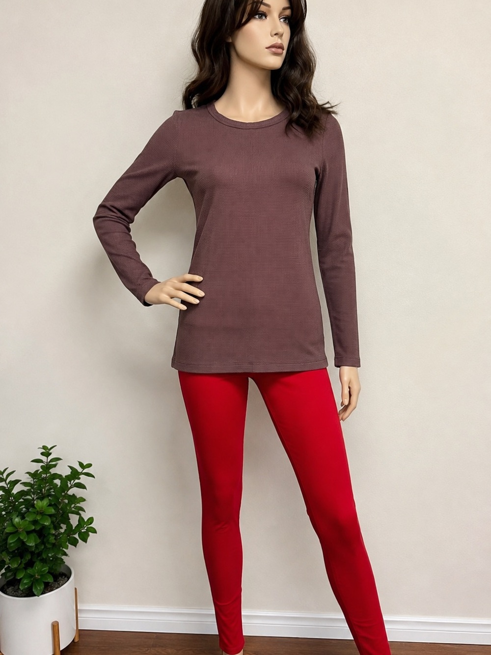 D&CO Women’s Brown Waffle Knit Long Sleeve Tunic Top size XS